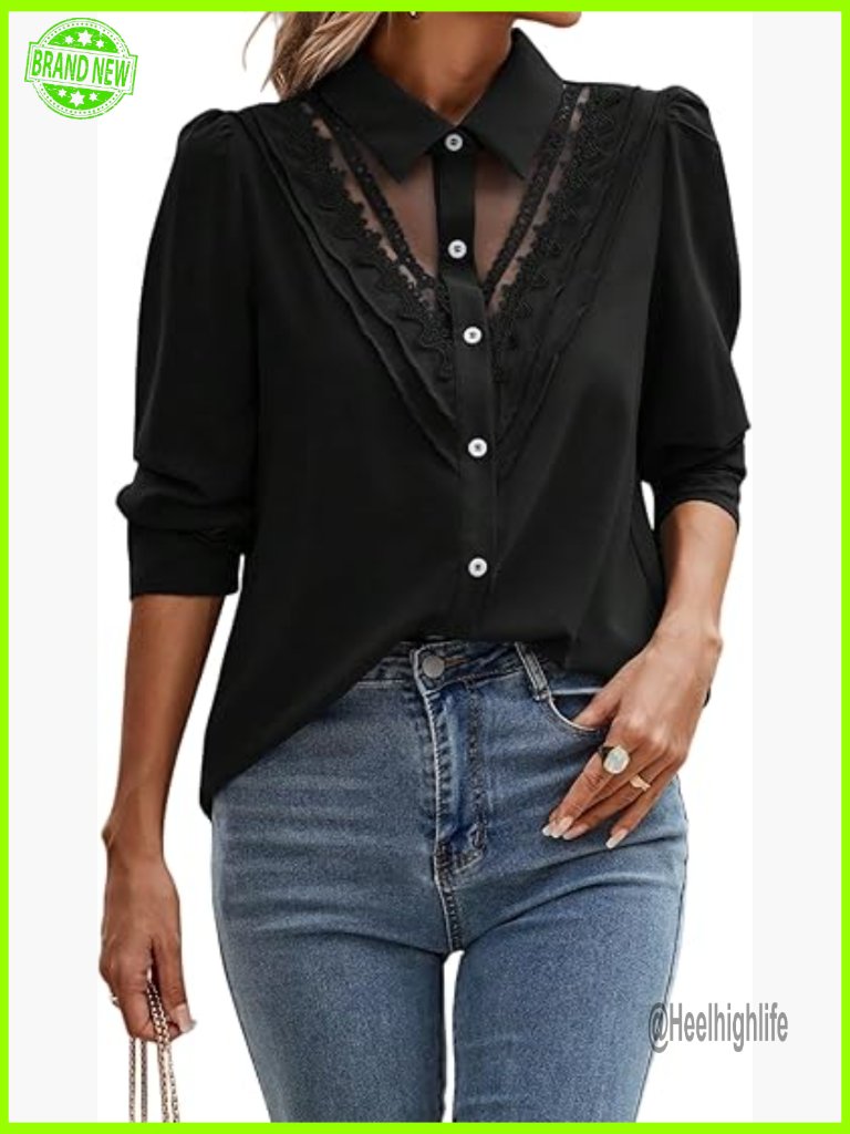 Sheer Lace Button Down Puff Long Sleeve Blouse Dressy Top